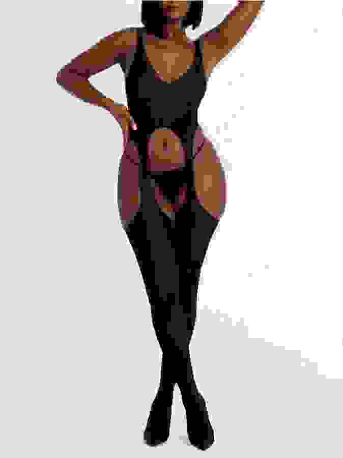 Lovehoney Pure Lust Plunging Open-cut Bodystocking, Black, hi-res